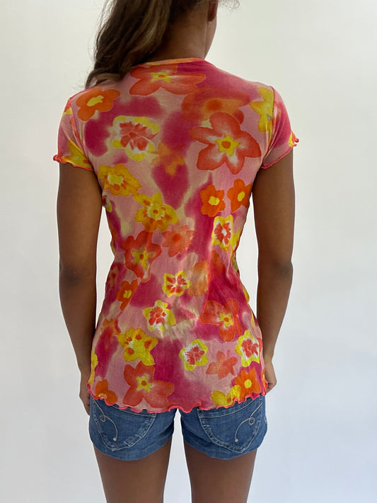 💚colourmaxxing drop | small orange sheer floral short sleeve top