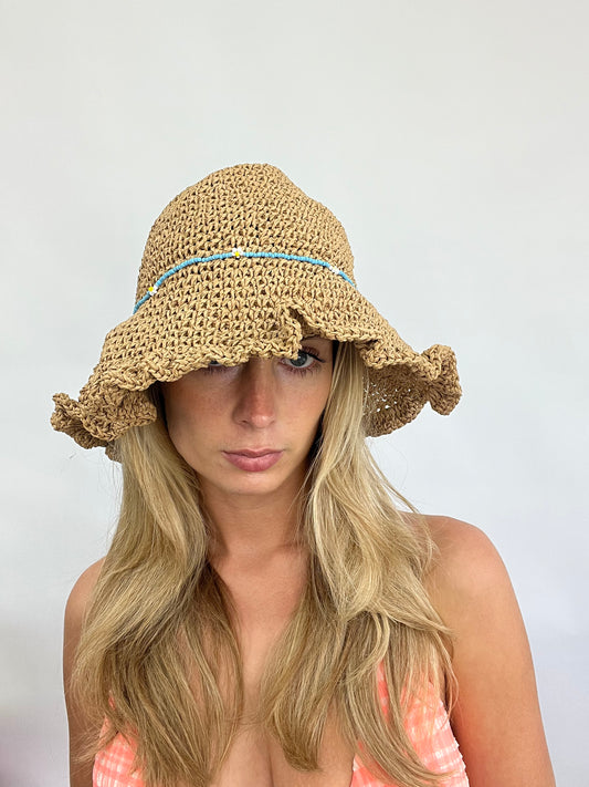 COACHELLA DROP | beige woven sun hat with blue bead detail