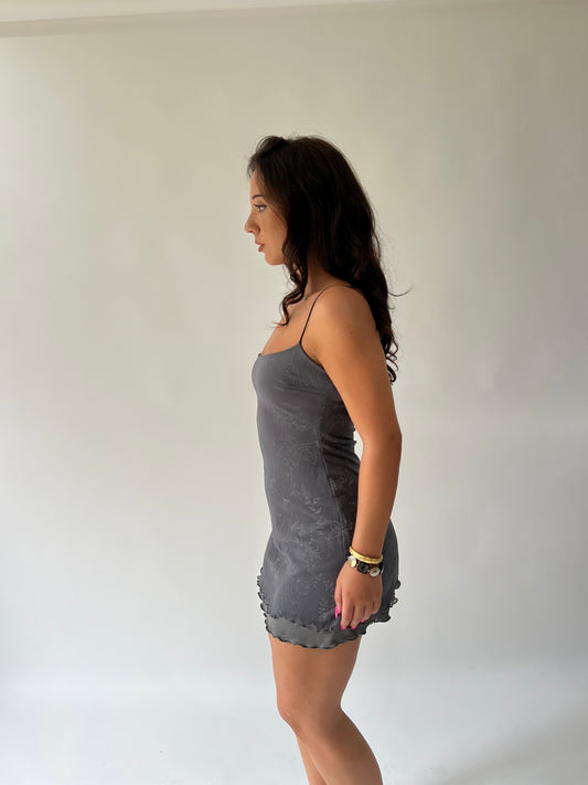 SATC drop | small grey reversible mini dress with mesh overlay