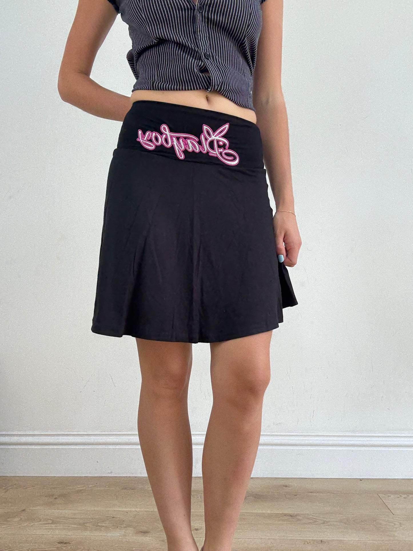 💻‼️ black midi skirt with playboy spell out in pink