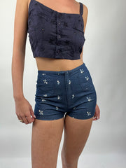 COASTAL COWGIRL DROP | extra small blue mini shorts with white embroidery