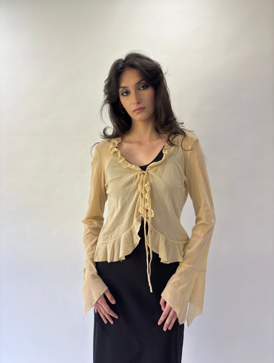 devil wears prada | small beige sheer ruffle tie up top
