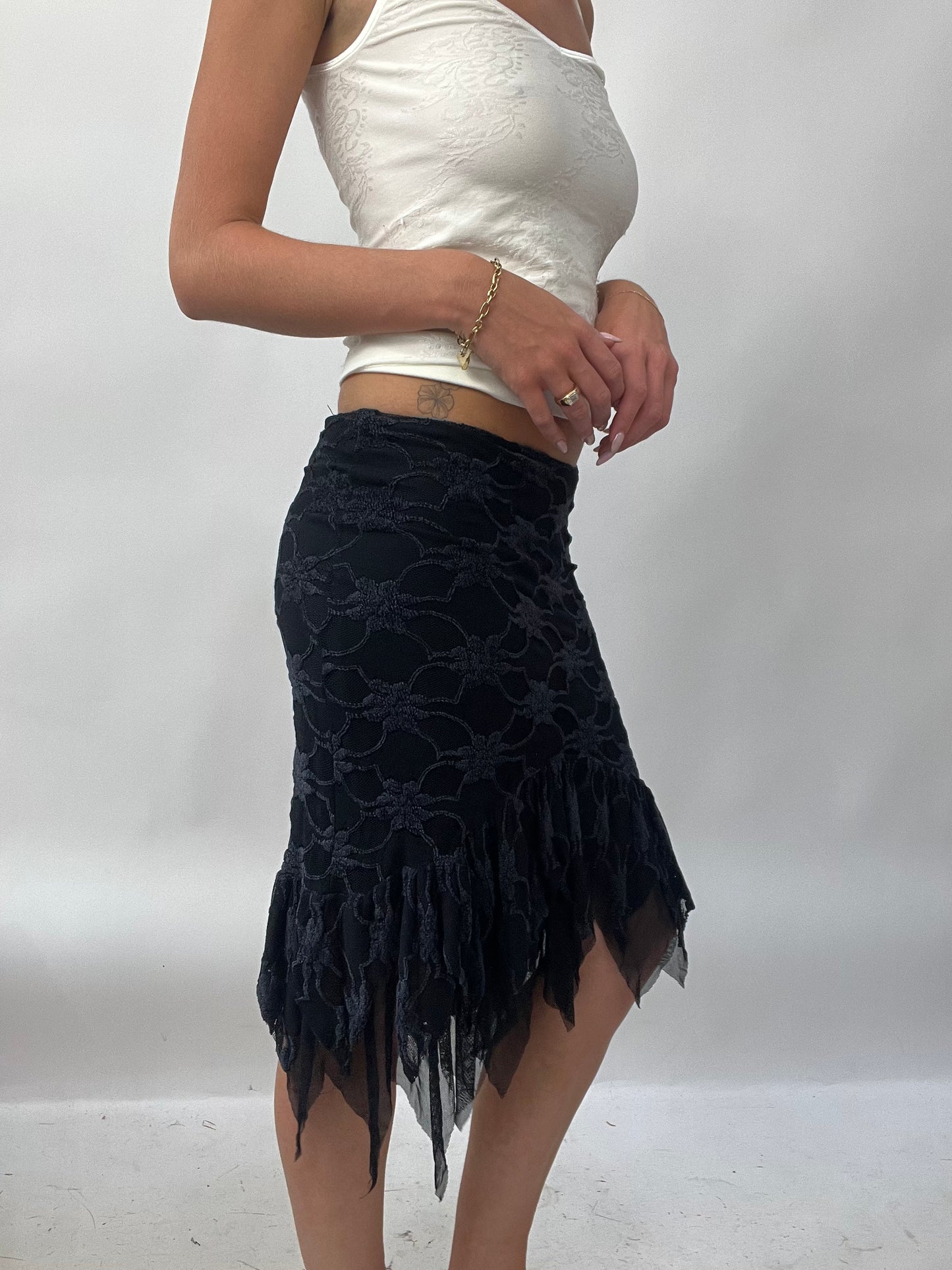 BRAT GIRL SUMMER DROP | small black midi skirt with mesh floral overlay