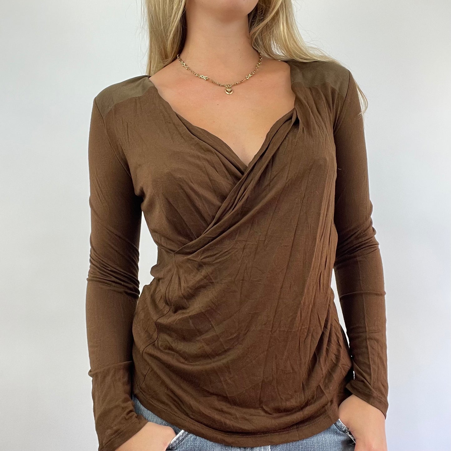 GRUNGE COQUETTE DROP | small brown wrap style long sleeve top