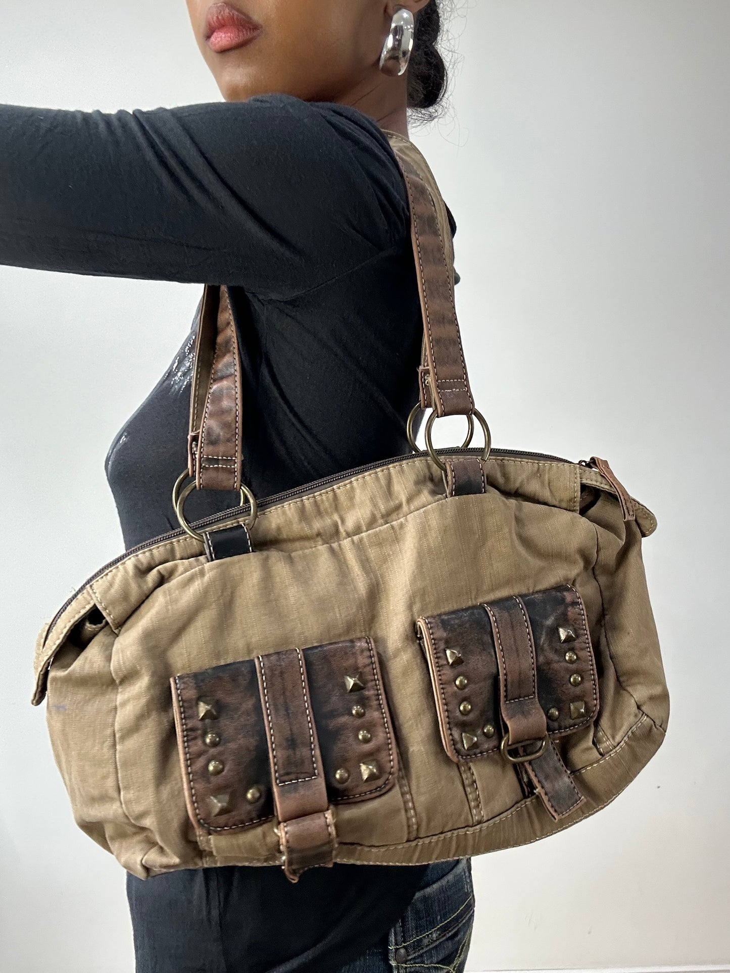 BEST PICKS | brown faux leather shoulder bag with studding details
