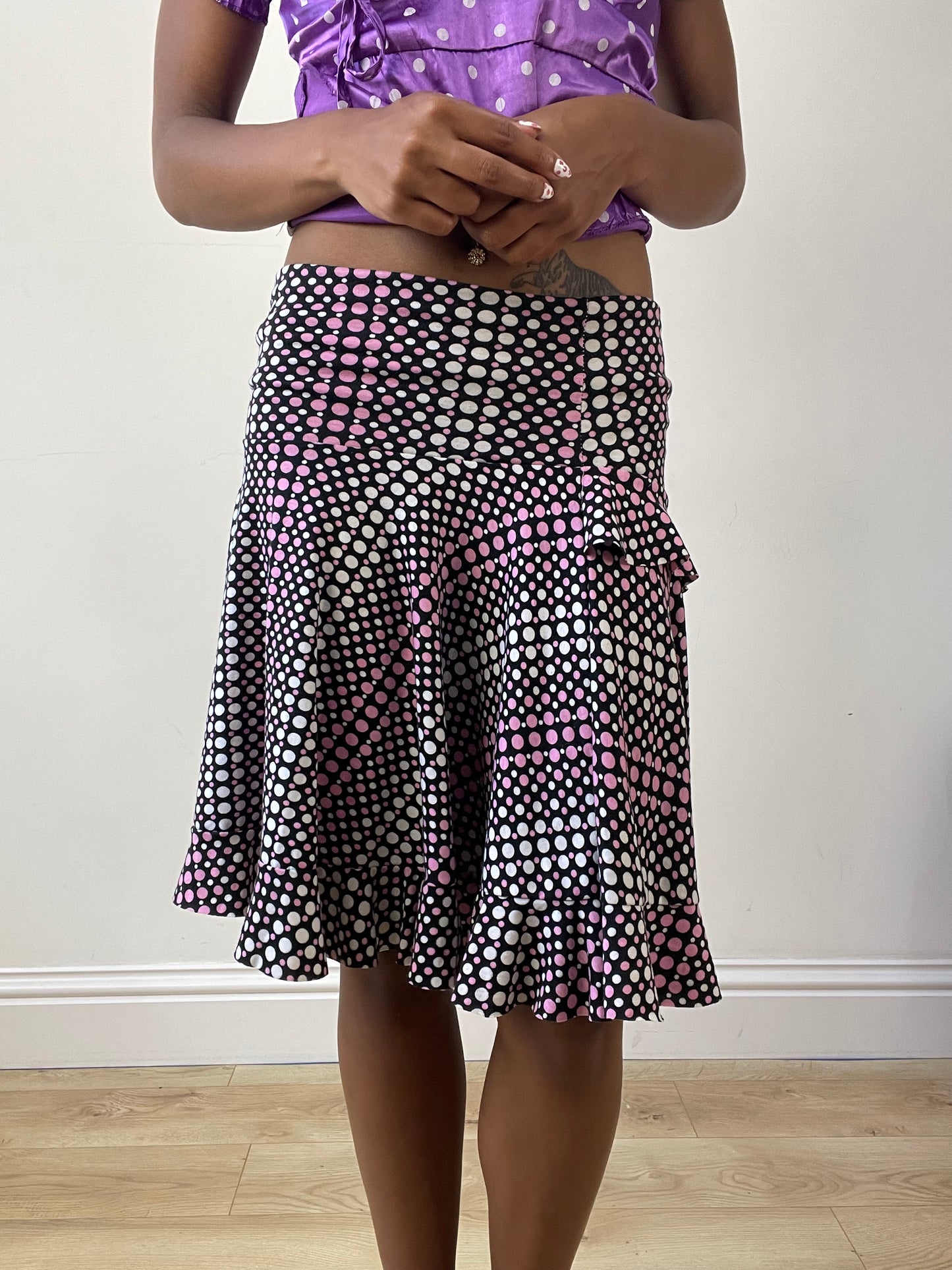 vintage edit twenty-seven | small black and pink ruffle polka dot midi skirt