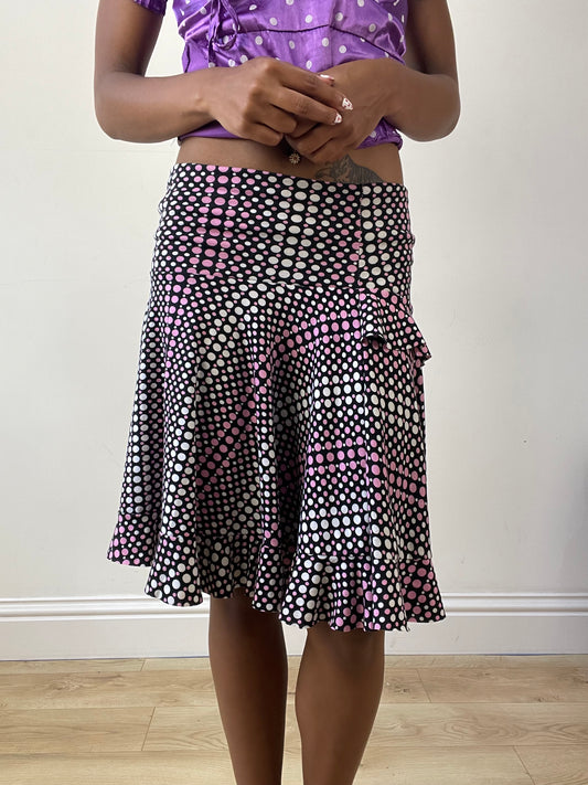 vintage edit twenty-seven | small black and pink ruffle polka dot midi skirt