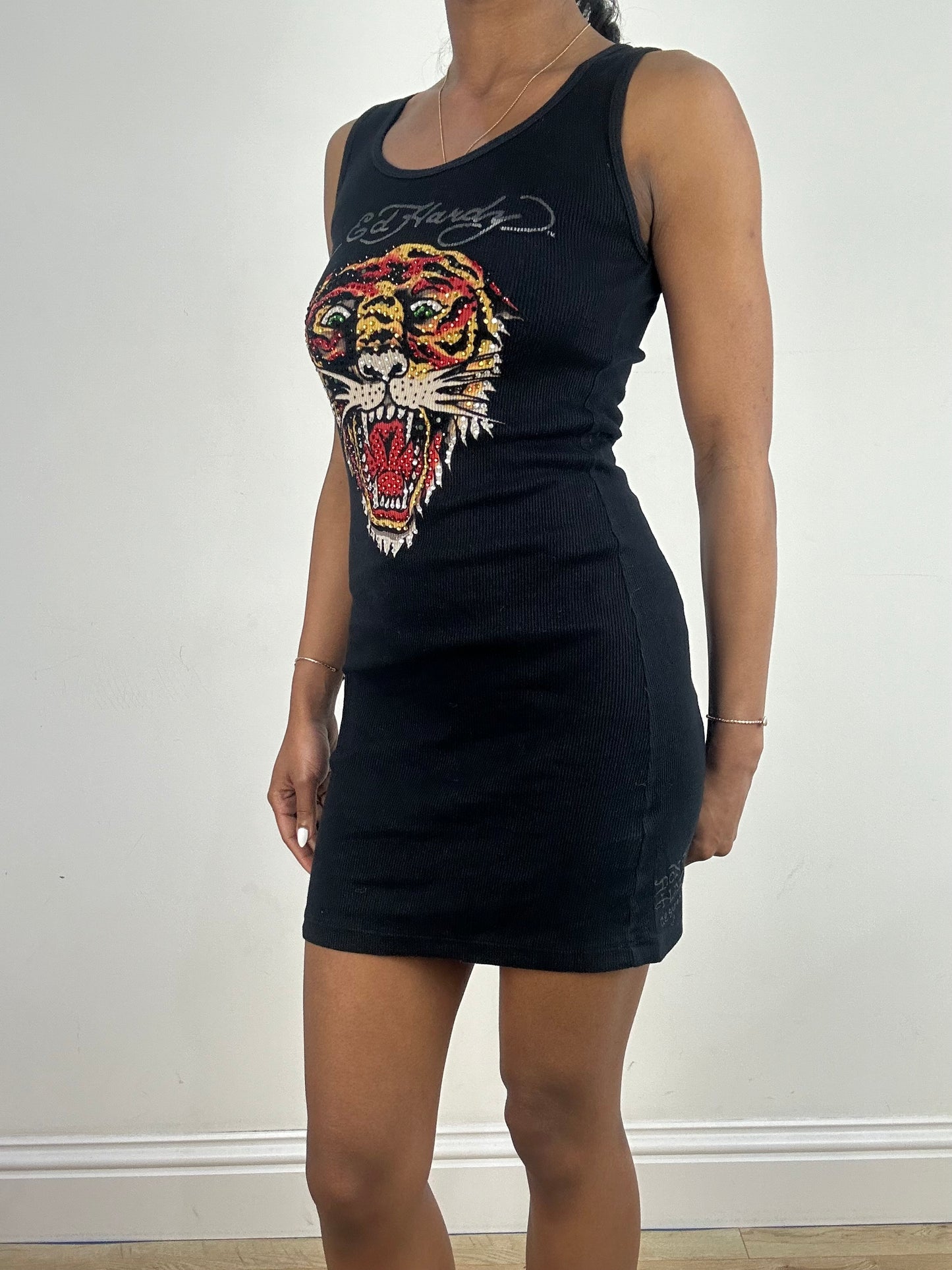 vintage edit eighteen | small black ed hardy diamanté tiger print dress