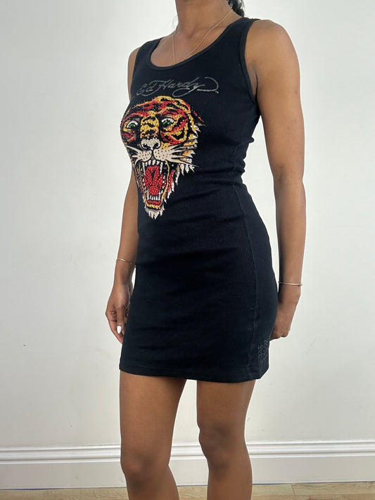 vintage edit eighteen | small black ed hardy diamanté tiger print dress