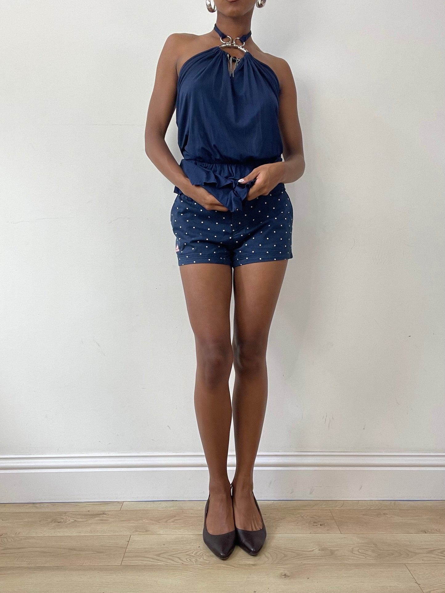 vintage edit twenty-seven | medium navy blue adidas polka dot mini shorts
