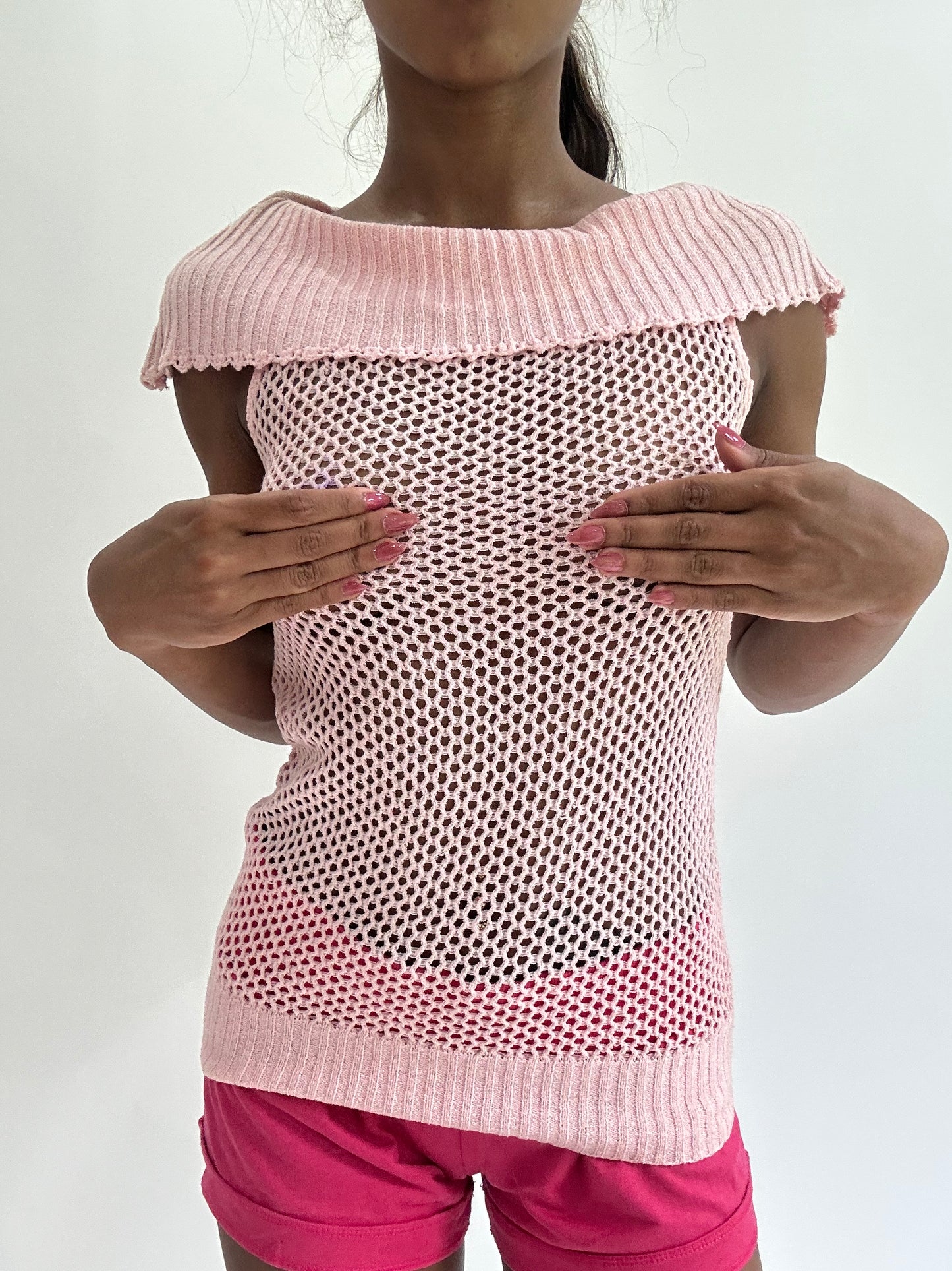 colourmaxxing drop | small pink crochet knit off the shoulder top