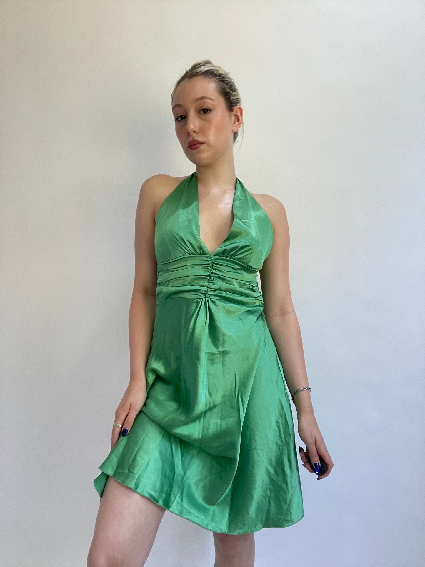 Y2K| medium green satiny midi dress