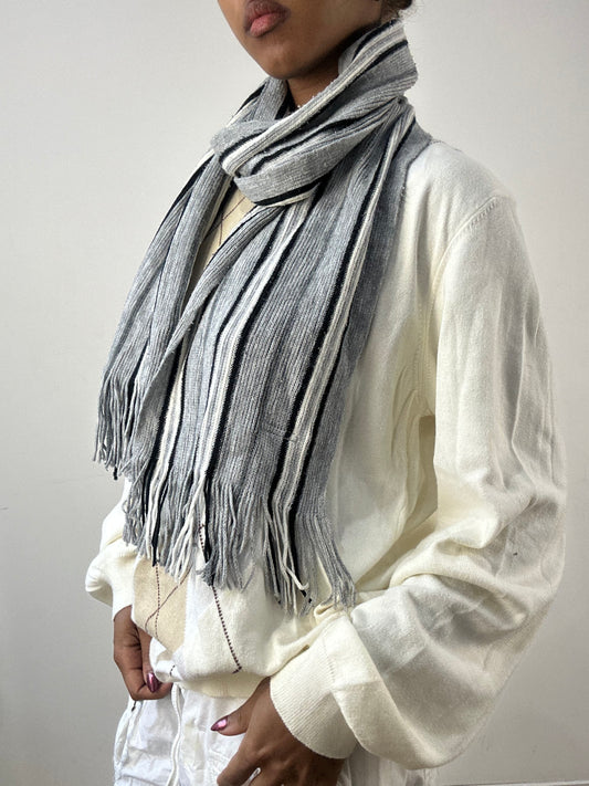 winter edit | grey and white striped cotton tassel scarf