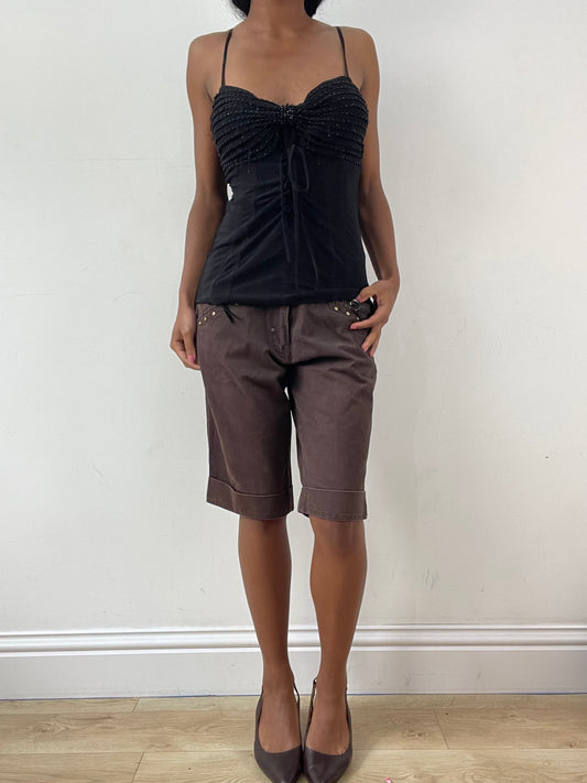 vintage edit: festival | medium brown cropped denim shorts with gold studding