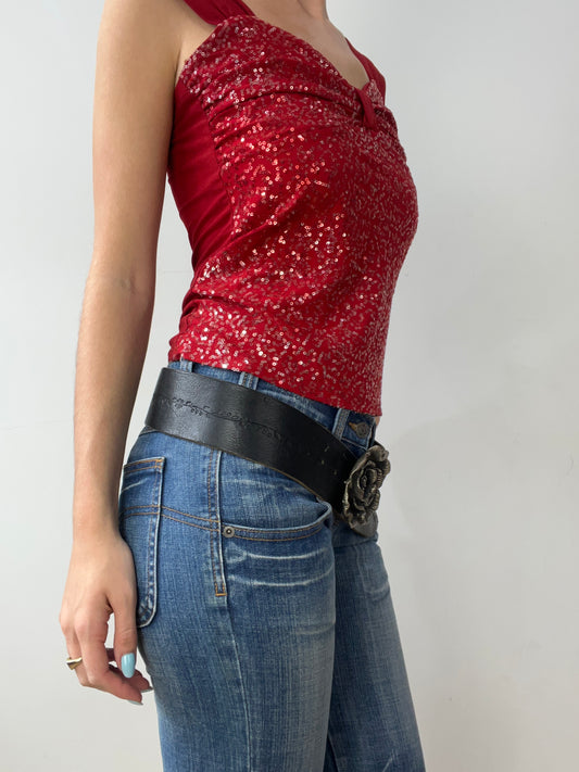 vintage edit thirty | black leather belt with rose buckle