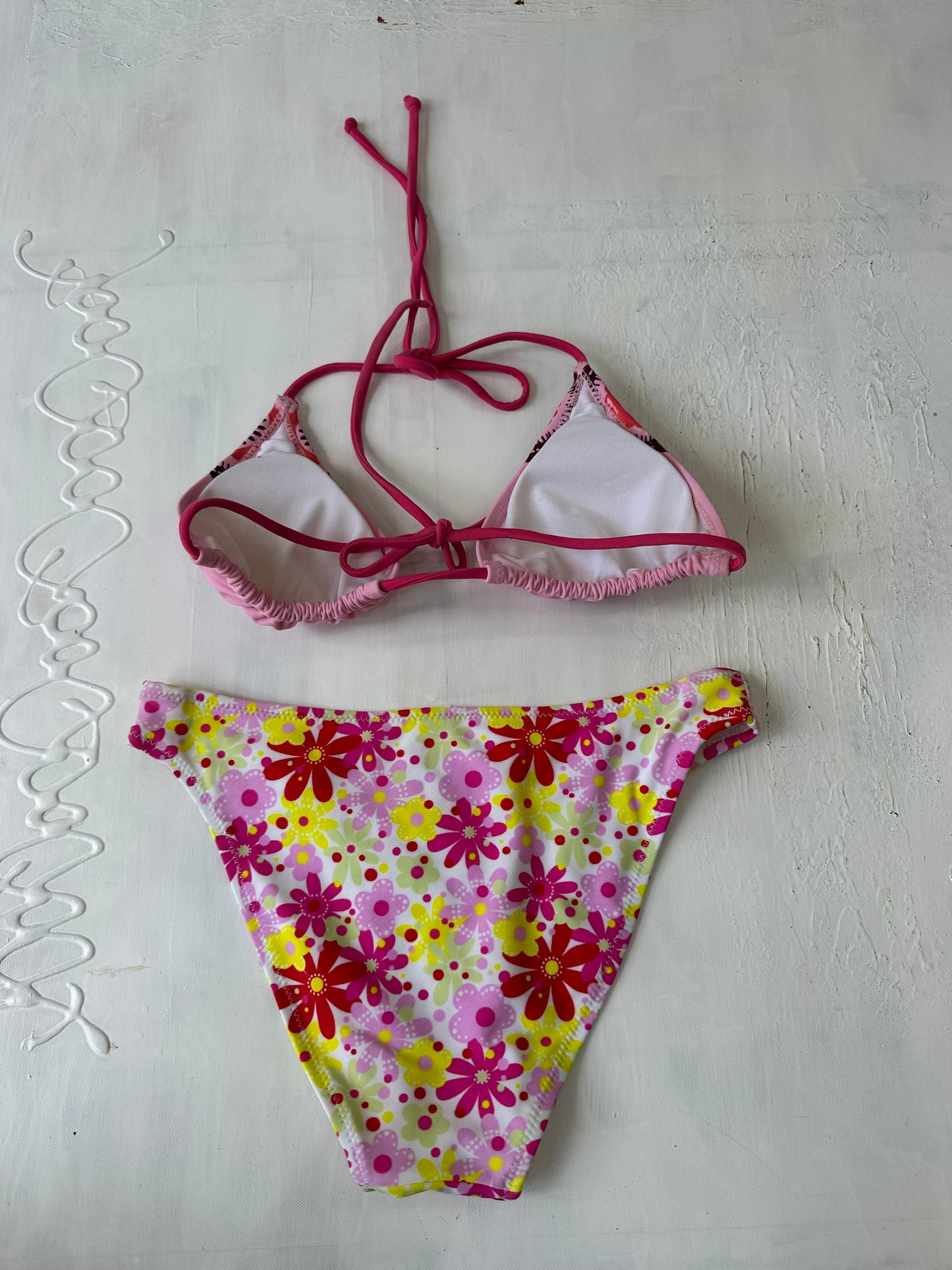 vintage edit twenty-nine | medium pink beaded bikini top and floral bottoms