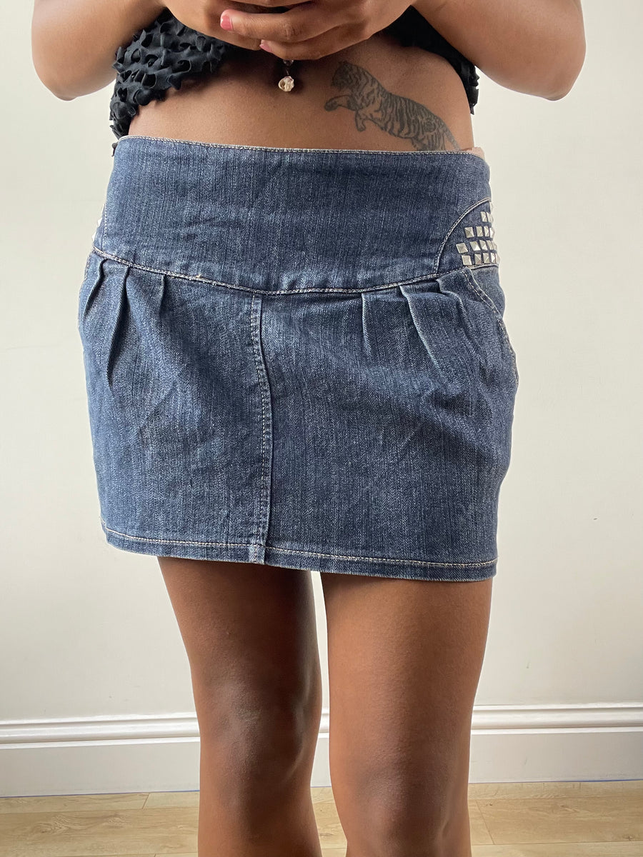 vintage edit: festival | medium blue denim mini skirt with silver studding