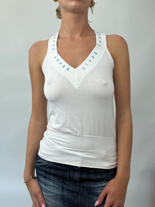 BRAT GIRL SUMMER DROP | small white halterneck cross back top with diamantés