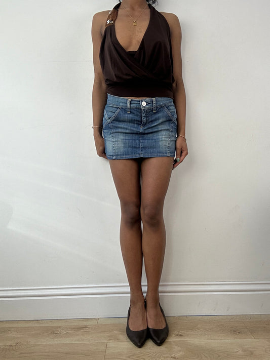 vintage edit: tops | small brown halterneck top with crossback detail and sequins