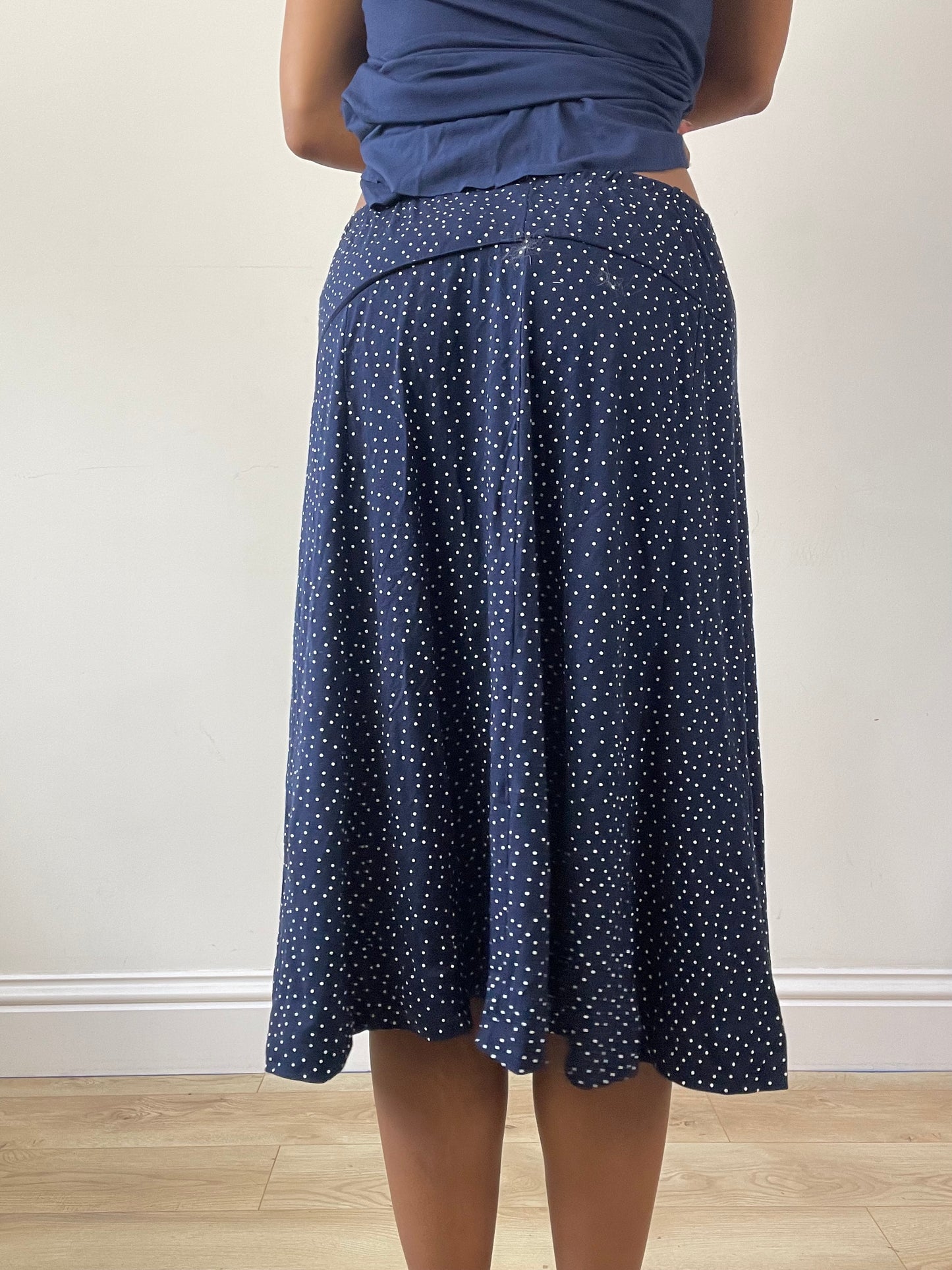 vintage edit twenty-seven | small navy blue polka dot midi skirt with 3d floral detail