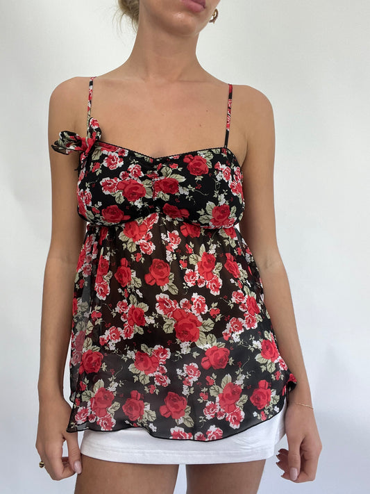 COASTAL COWGIRL DROP | small semi sheer cami with black and red floral print all over