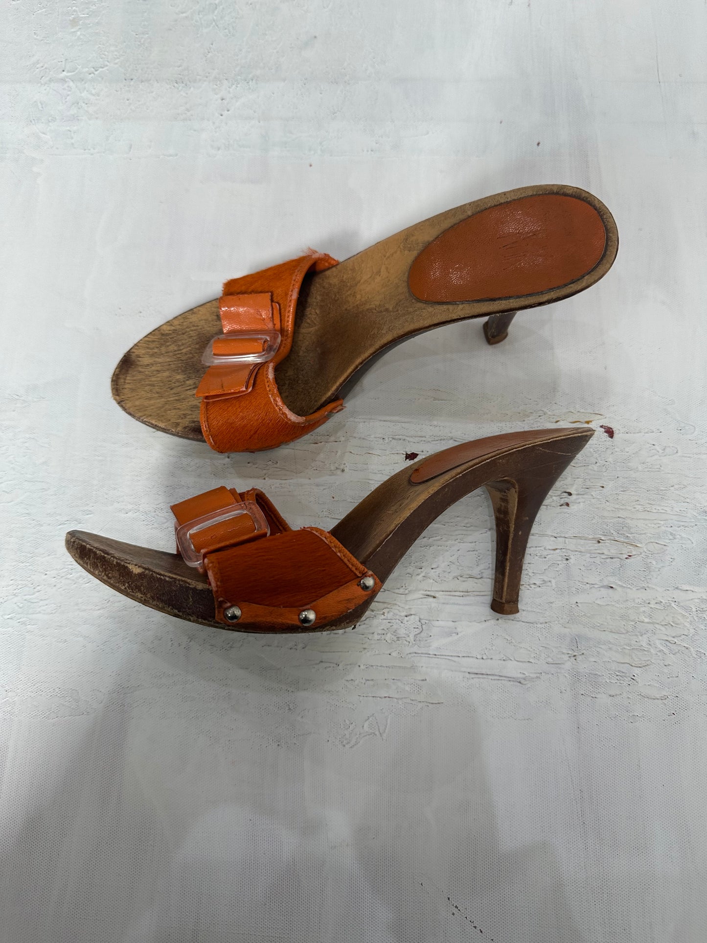 vintage edit twenty-one | orange fur heeled mules