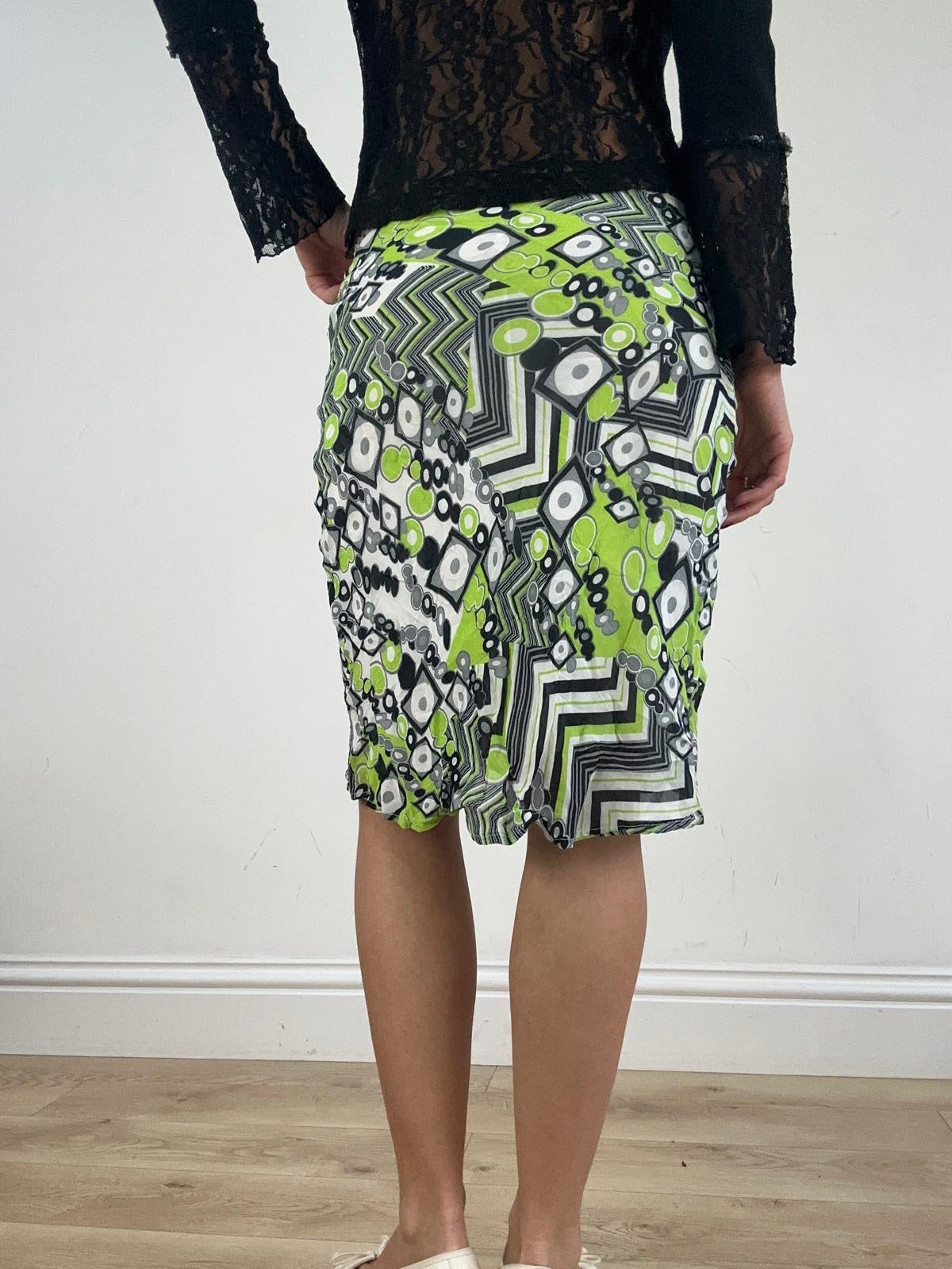st patrick’s day | small black white and green abstract print midi skirt