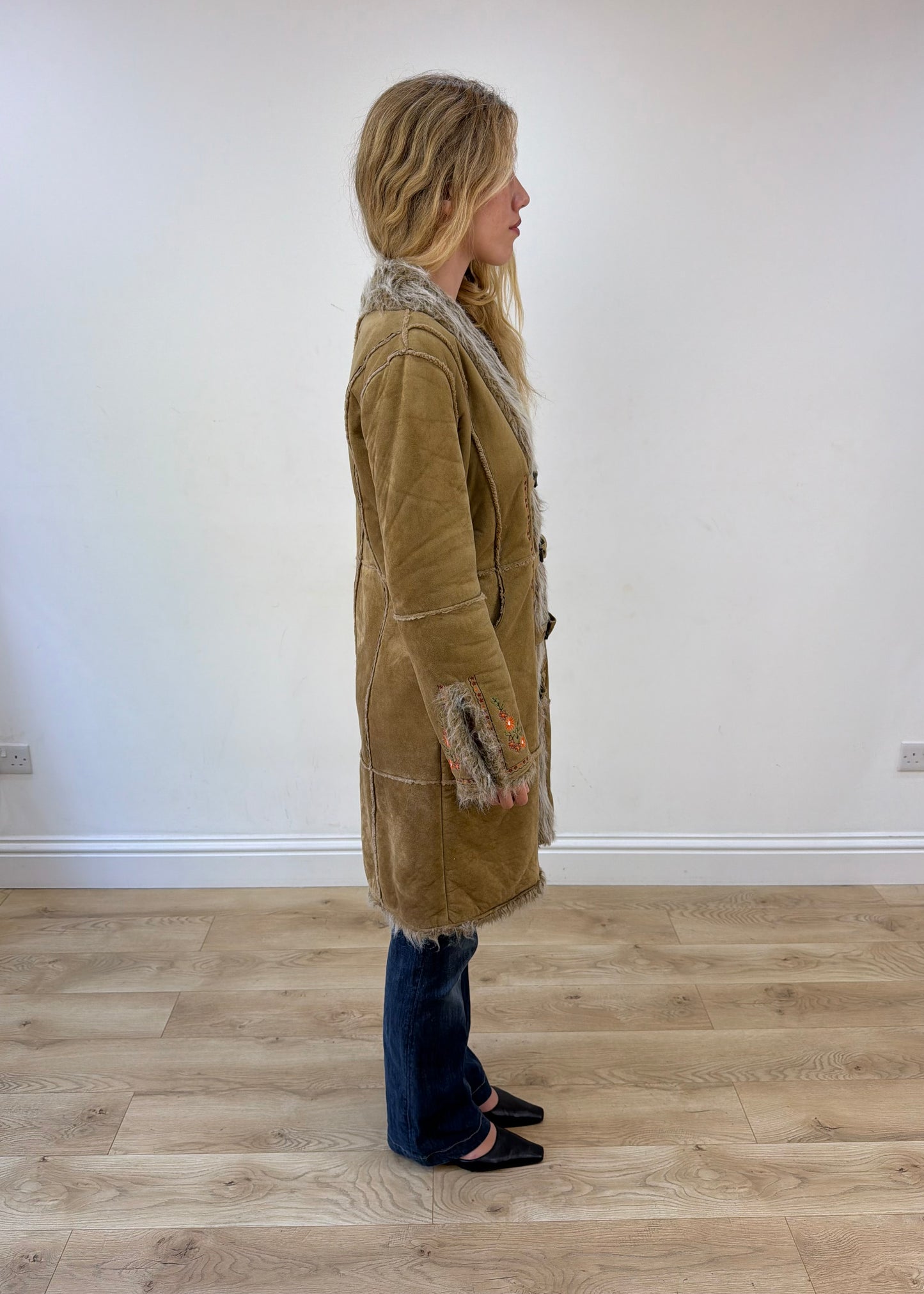 large beige embroidered afghan coat