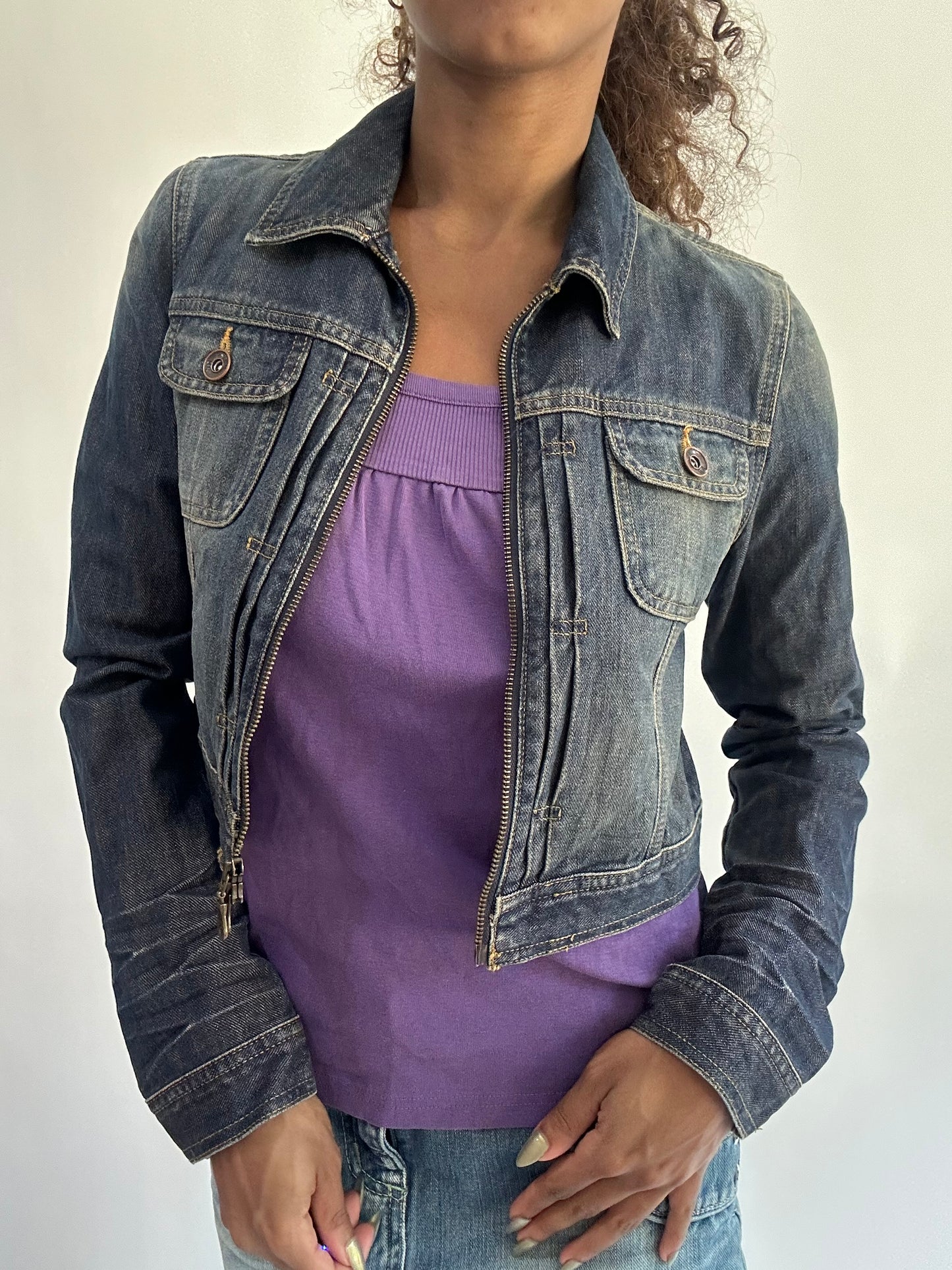wag drop | small dark blue denim dual zip cropped jacket