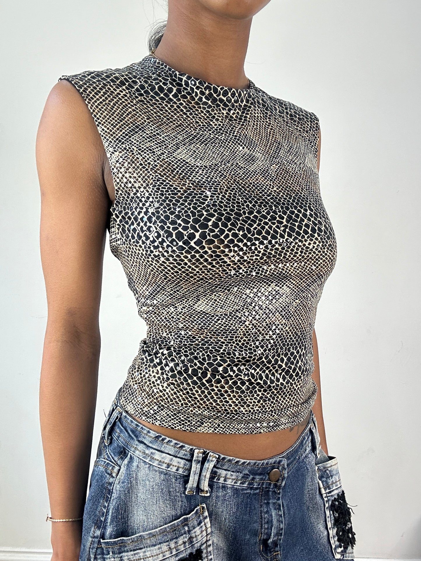 vintage edit eighteen | small black and beige glittery snake print tank top