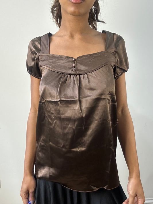 romantic grunge edit | small brown satin style short sleeve top