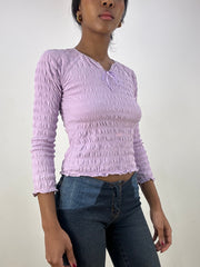 💻 HIPPY CHIC DROP | small purple ruched long sleeve top with tie detail