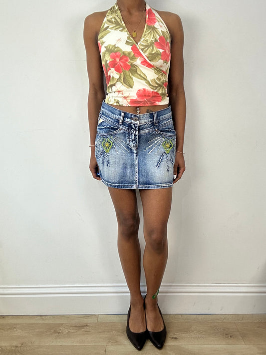 vintage edit eighteen | medium blue embroidered denim mini skirt