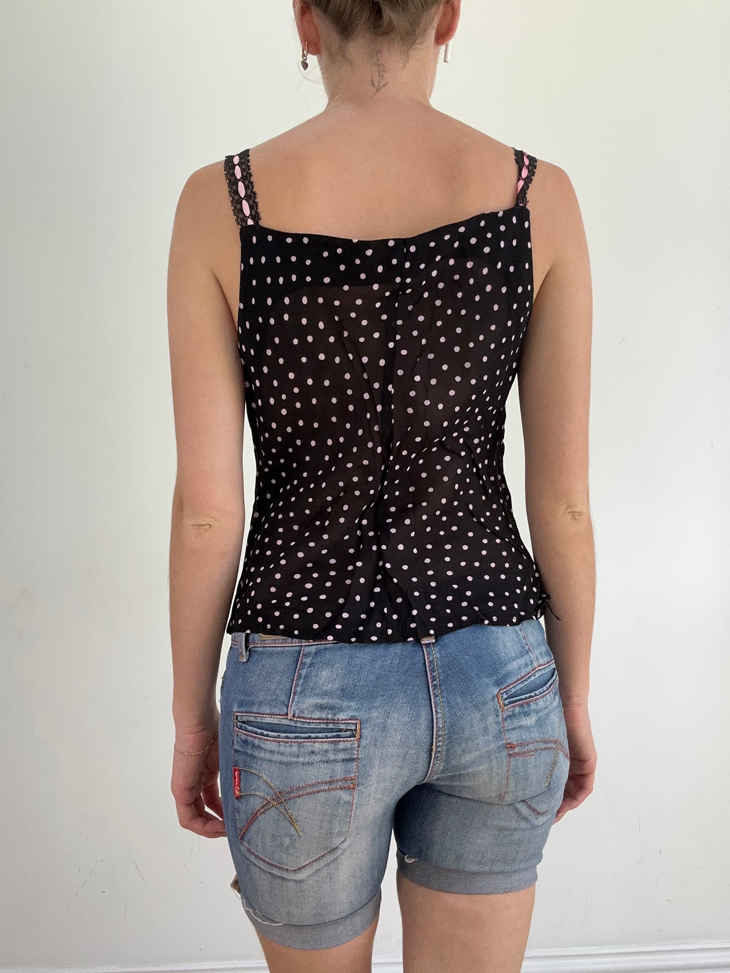 summer edit | small black mesh cami with pink polka dot print