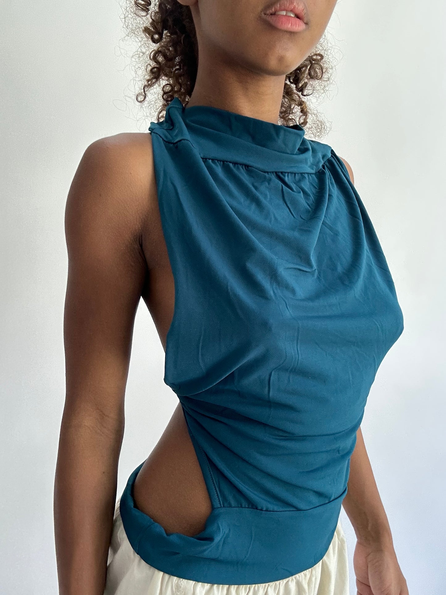 ‼️ | small blue backless cut out cowl neck tie up top