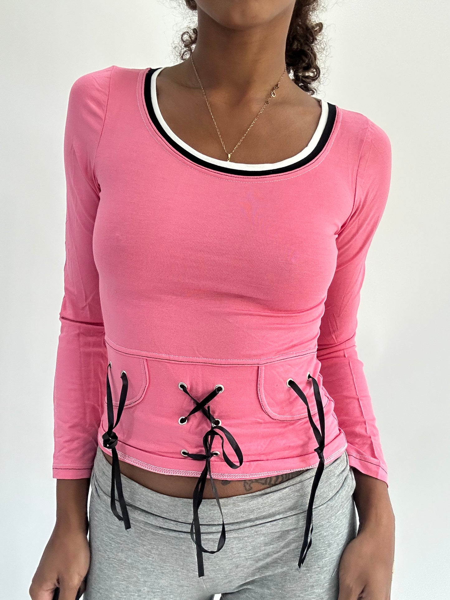 ‼️ | small dark pink long sleeve ribbon detail top