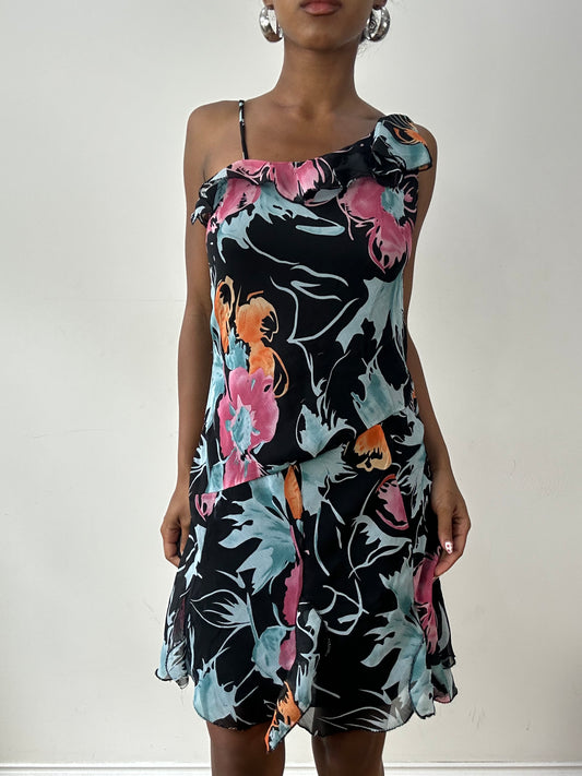 vintage edit twenty-nine | small black and blue floral midi dress