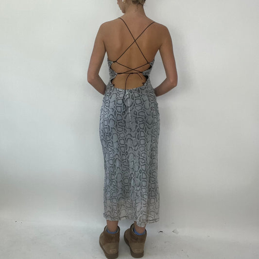 PROM SEASON DROP | small grey snake print mesh overlay backless maxi dress