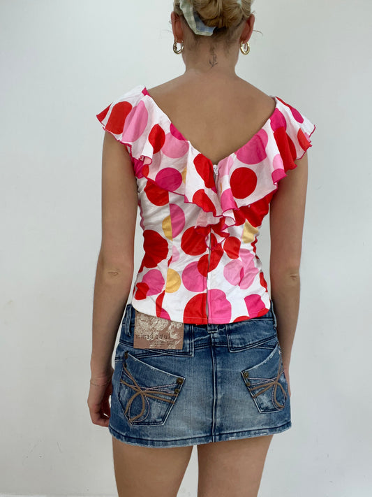 💻🩵 vintage edit twenty eight | small white and pink ruffle top with polka dot print