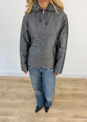 small grey coat with faux fur hood