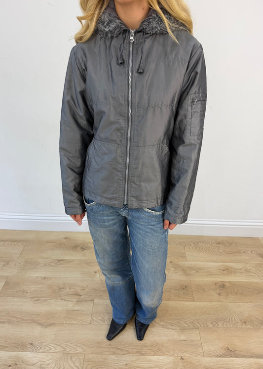 small grey coat with faux fur hood