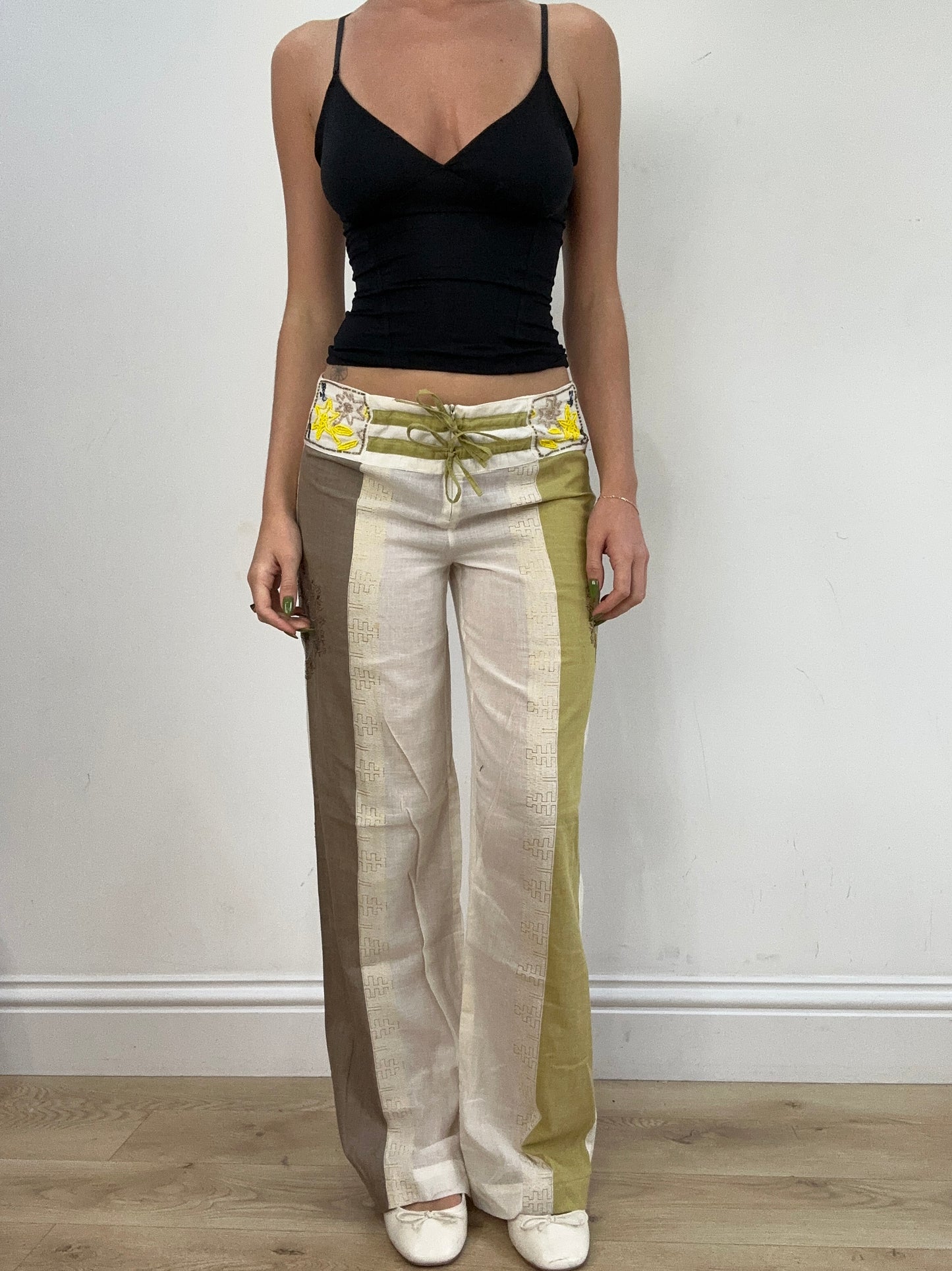 vintage edit seventeen | small white and green linen beaded trousers