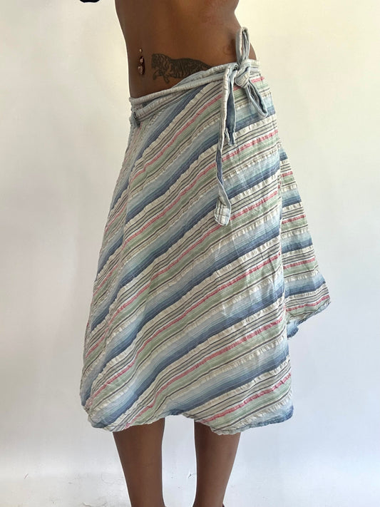 beach drop | one size blue striped wrap overlay midi skirt