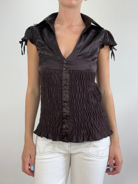 vintage edit twenty eight | extra small brown satin style short sleeve shirt