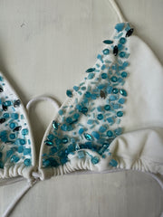 💻💚Vintage editar veintinueve | conjunto de bikini blanco medio con abalorios azules