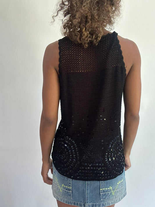 wag drop | small black crochet short sleeve top