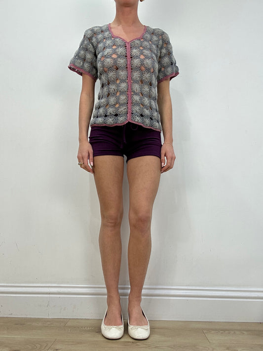 vintage edit nine | medium grey and pink floral crochet jumper top