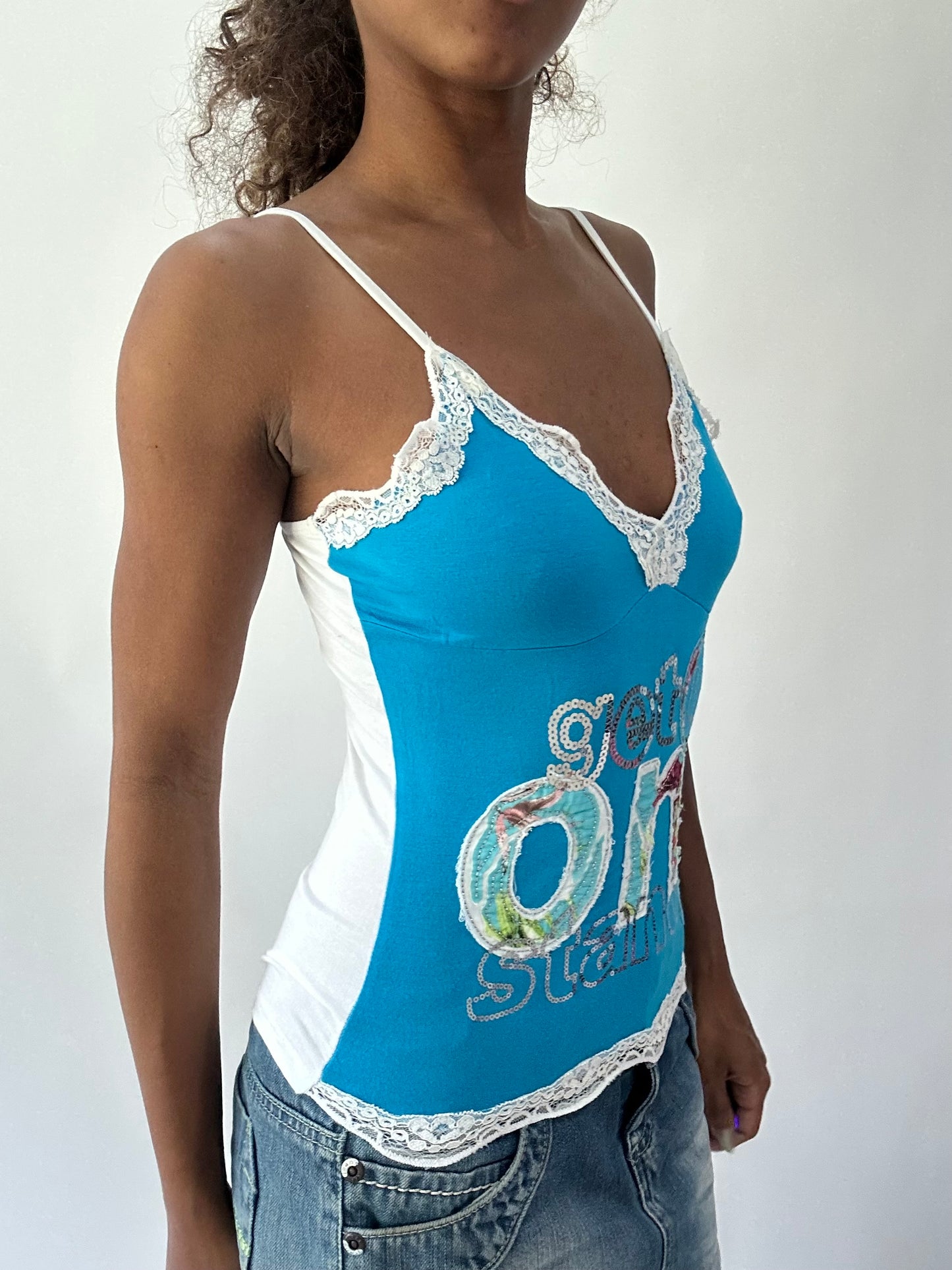 wag drop | small blue lace trim cami top