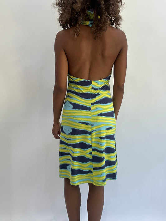 beach drop | small blue and green striped midi dress