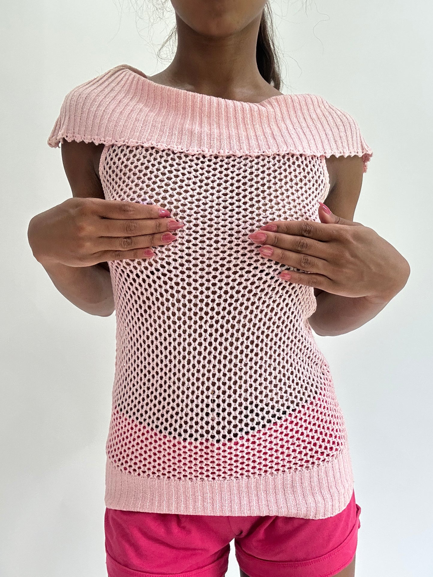 colourmaxxing drop | small pink crochet knit off the shoulder top